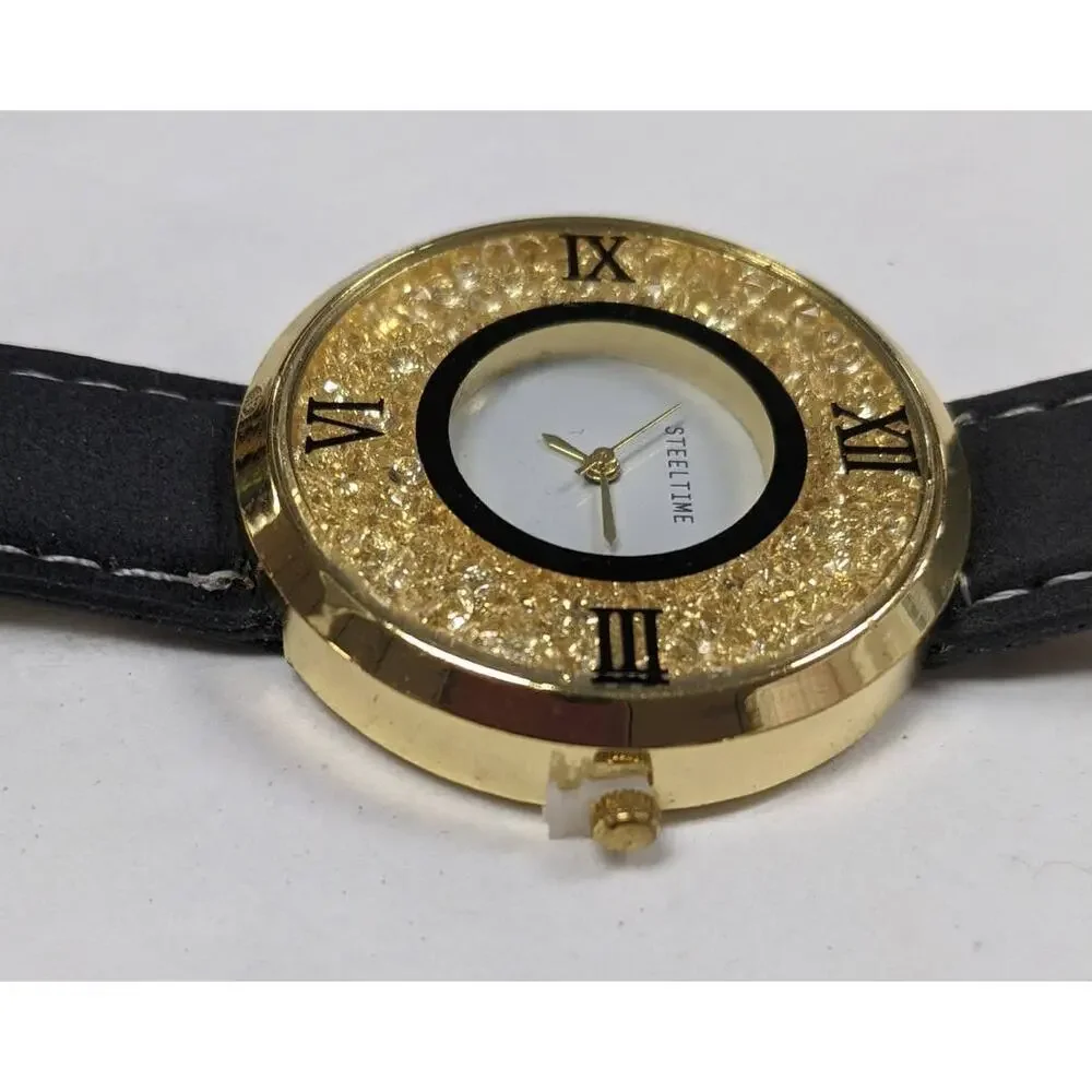Steeltime Wrist Watch Black Faux Leather Loose Crystal Window Dial Roman Numeral